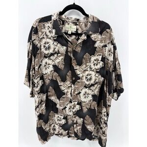 Island Shores Hawaiian Shirt, Black Floral‎ Button Up, Tropical, Casual Men XXL